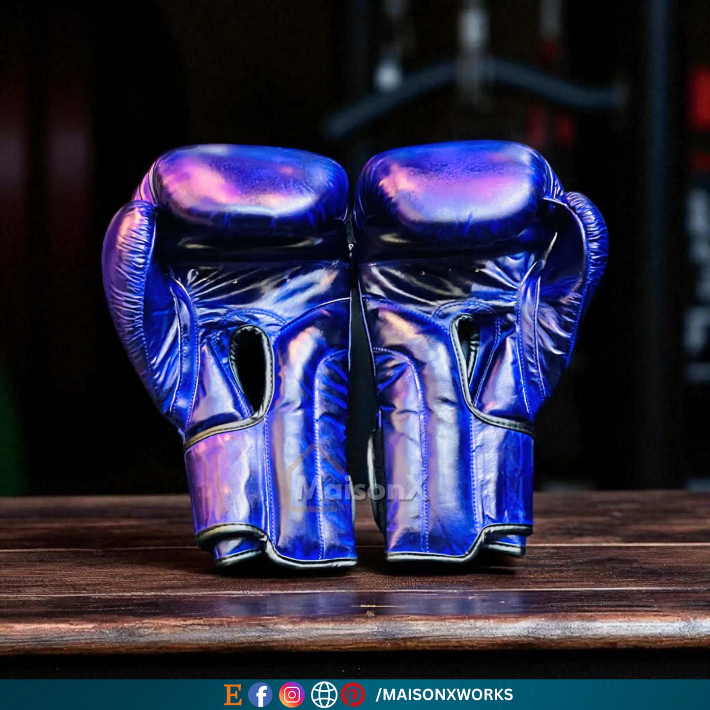 violet leather boxing gloves made up of leather placed on a wooden shelf