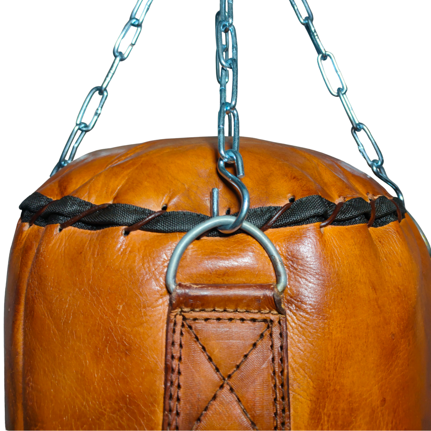 leather punching bag close up photo showing details