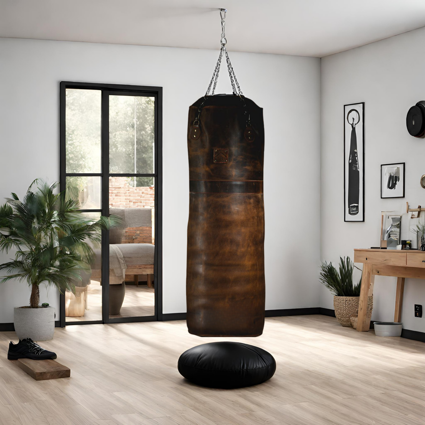 Retro Fusion leather punching bag hanging from chain in a home gym. leather punching bag, heavy bag, boxing bag, kickboxing bag, Muay Thai heavy bag, free standing punching bag, hanging punching bag, speed bag, double end bag, aqua training bag, water heavy bag, uppercut bag, maize bag, wrecking ball bag, reflex bag, cobra bag, training dummy, professional heavy bag, gym punching bag, home gym heavy bag, filled punching bag, unfilled heavy bag, synthetic leather punching bag, durable heavy bag, 100lb punchi