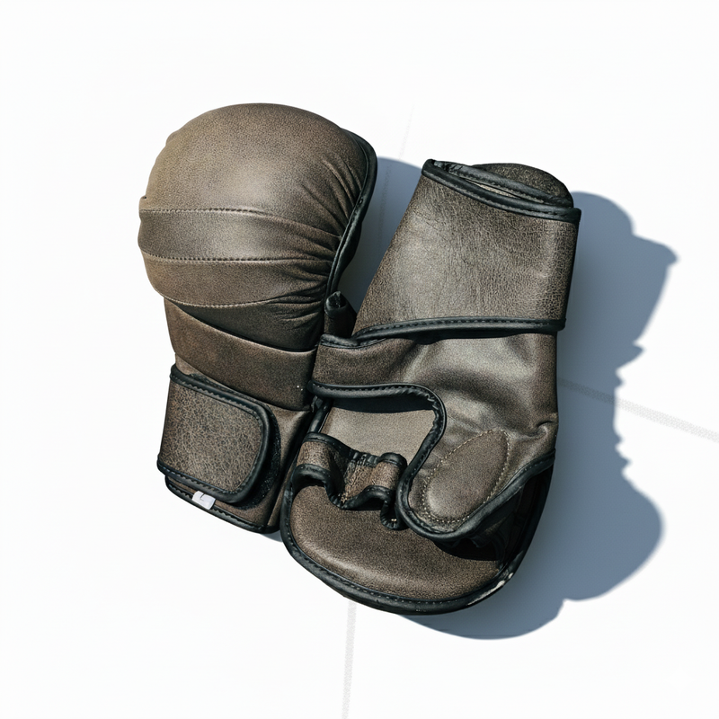 Hayabusa-style hybrid boxing gloves showing open-palm grappling flex and thick foam knuckle padding—multi-purpose spar and grapple training gloves in black-grey 10 oz size.