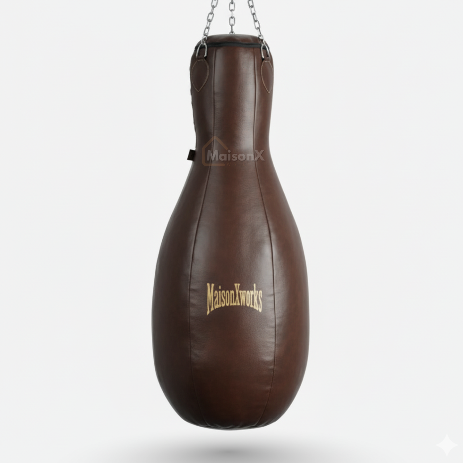 Bowling pin leather punching bag of dark brown color with silver stainless steel chains. background is white
