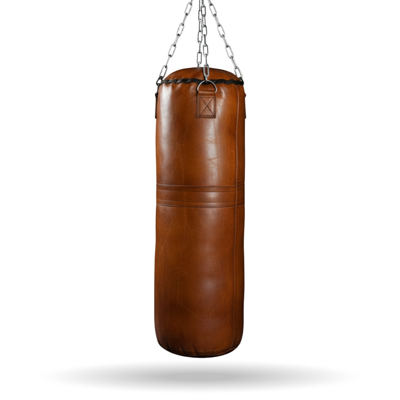 vintage retro leather heavy punching bag of 4 feet/ 48 inches/122cm hung with silver stainless steel chains from ceiling and weighs around 70kg. perfect for training like everlast punching bag