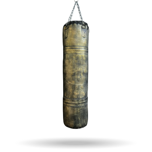 golden leather crocodile punching ba. Punching bag, leather heavy bag, vegetable tan leather, aesthetic vintage leather punching bag, home gym decor, dual tone color, unique punching bag, best punching bag ever, Everlast like punching bag, RDX like punching bag, luxury punching bag, premium leather bag, handcrafted heavy bag, custom punching bag, genuine leather, antique style, retro boxing gear, rustic gym equipment, bespoke heavy bag, fitness gift, men's gift, boxing training, MMA workout, kickboxing bag,