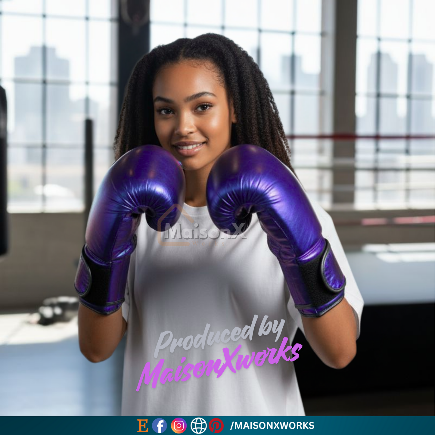 violet boxing gloves Front view of the vintage brown leather cowhide punching bag, showcasing its cylindrical shape and classic design. The best gift for fitness freaks and gym enthusiasts, offering superior durability and stylish appeal. Perfect for home gyms and professional training