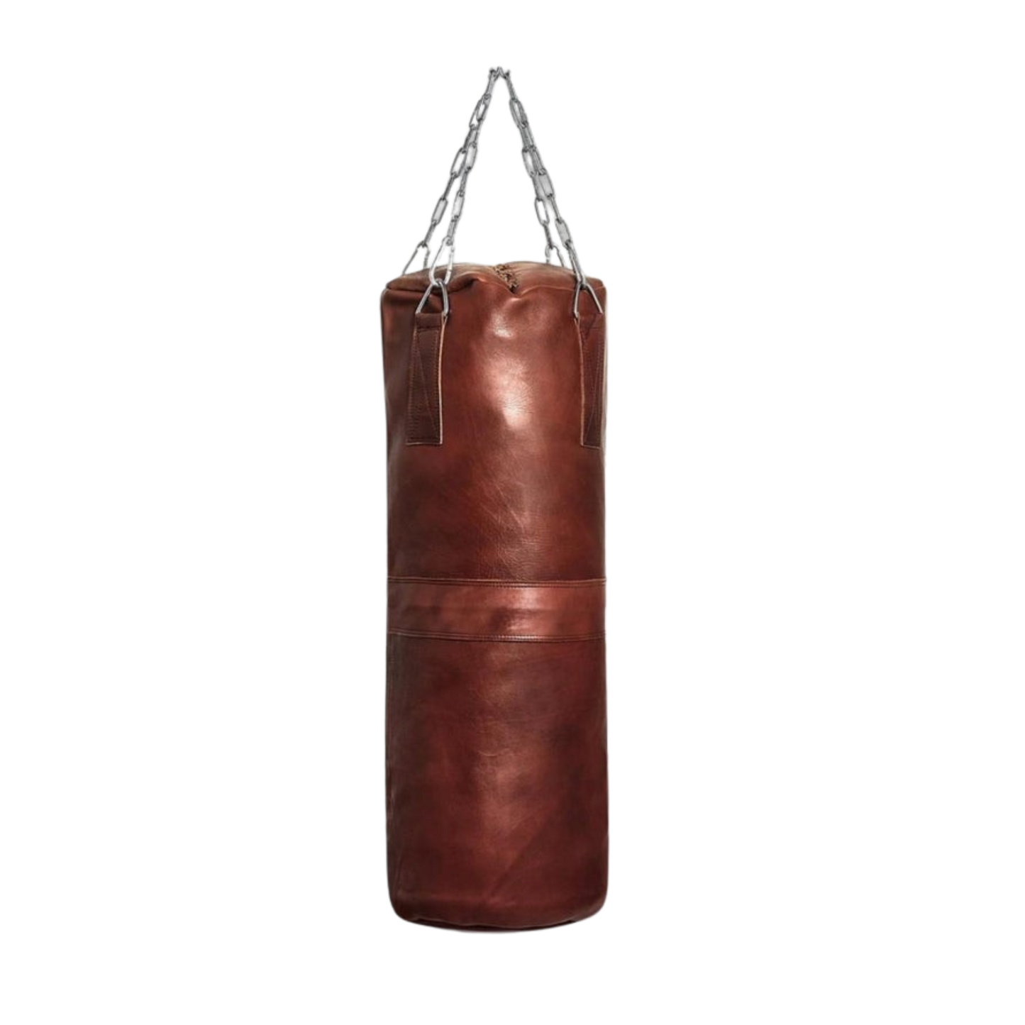 Heavy-duty cowhide punching bag with steel chain mounting for gym workouts
