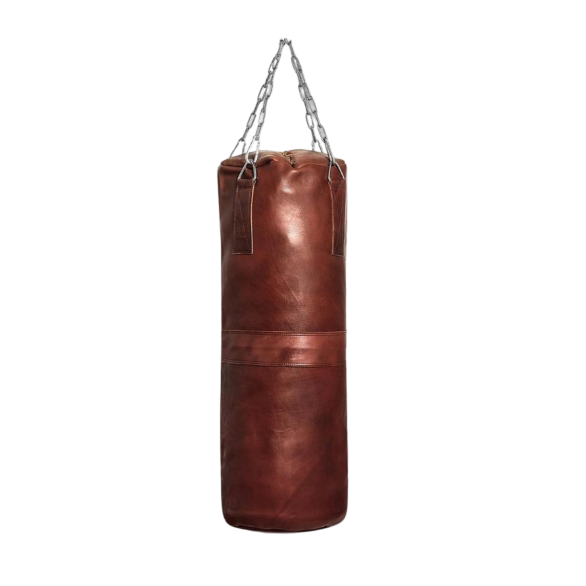 Heavy-duty cowhide punching bag with steel chain mounting for gym workouts
