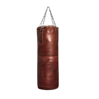 Heavy-duty cowhide punching bag with steel chain mounting for gym workouts
