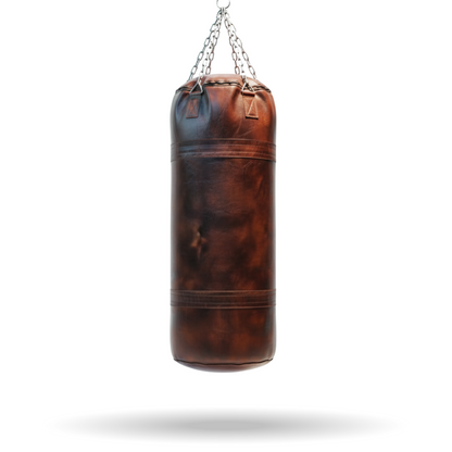 leather heavy bag for vintage color hung wit silver chain agaianst white background. aesthetic vintage leather punching bag for home gym and decor purpose. with dual tone color. the heavy bag with everlast and rdx like ppunching bag. best punching bag ever. very unique punching bag