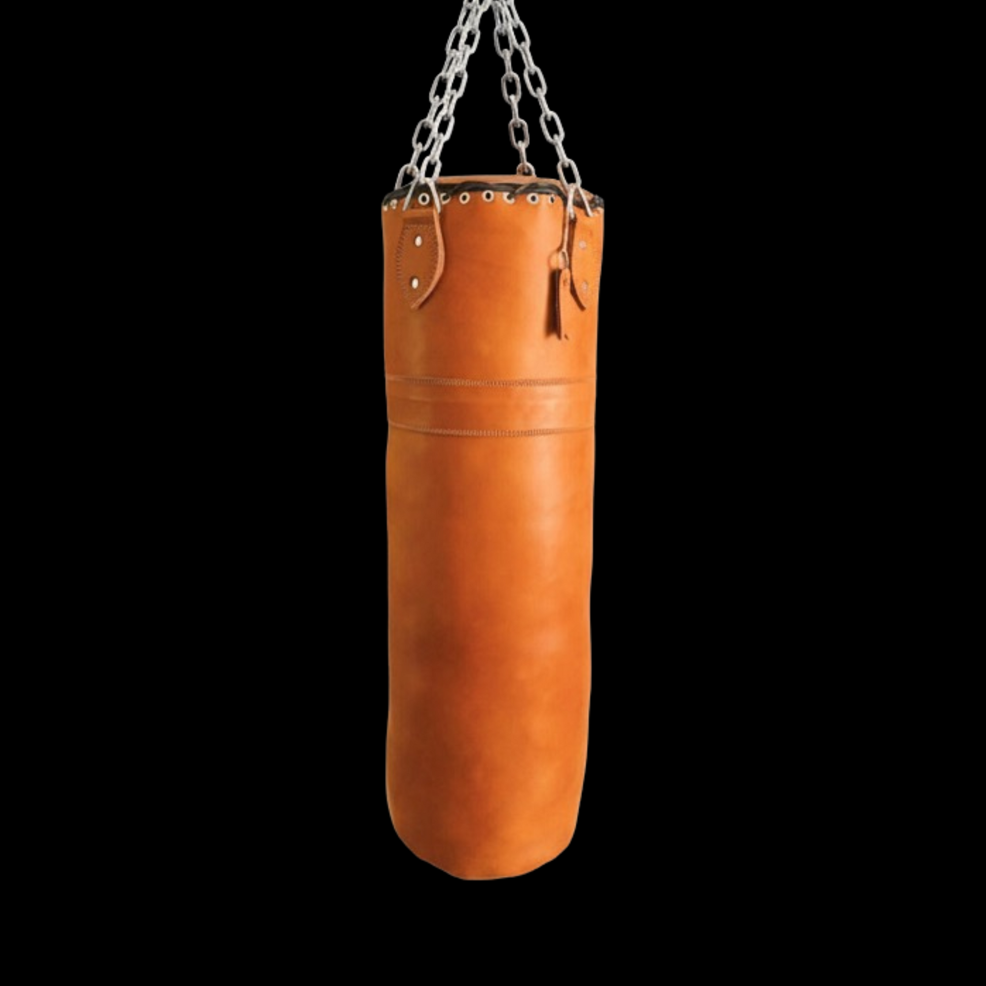 Brown leather punching bag with chain on a black background. leather punching bag, heavy bag, boxing bag, kickboxing bag, Muay Thai heavy bag, free standing punching bag, hanging punching bag, speed bag, double end bag, aqua training bag, water heavy bag, uppercut bag, maize bag, wrecking ball bag, reflex bag, cobra bag, training dummy, professional heavy bag, gym punching bag, home gym heavy bag, filled punching bag, unfilled heavy bag, synthetic leather punching bag, durable heavy bag, 100lb punching bag,
