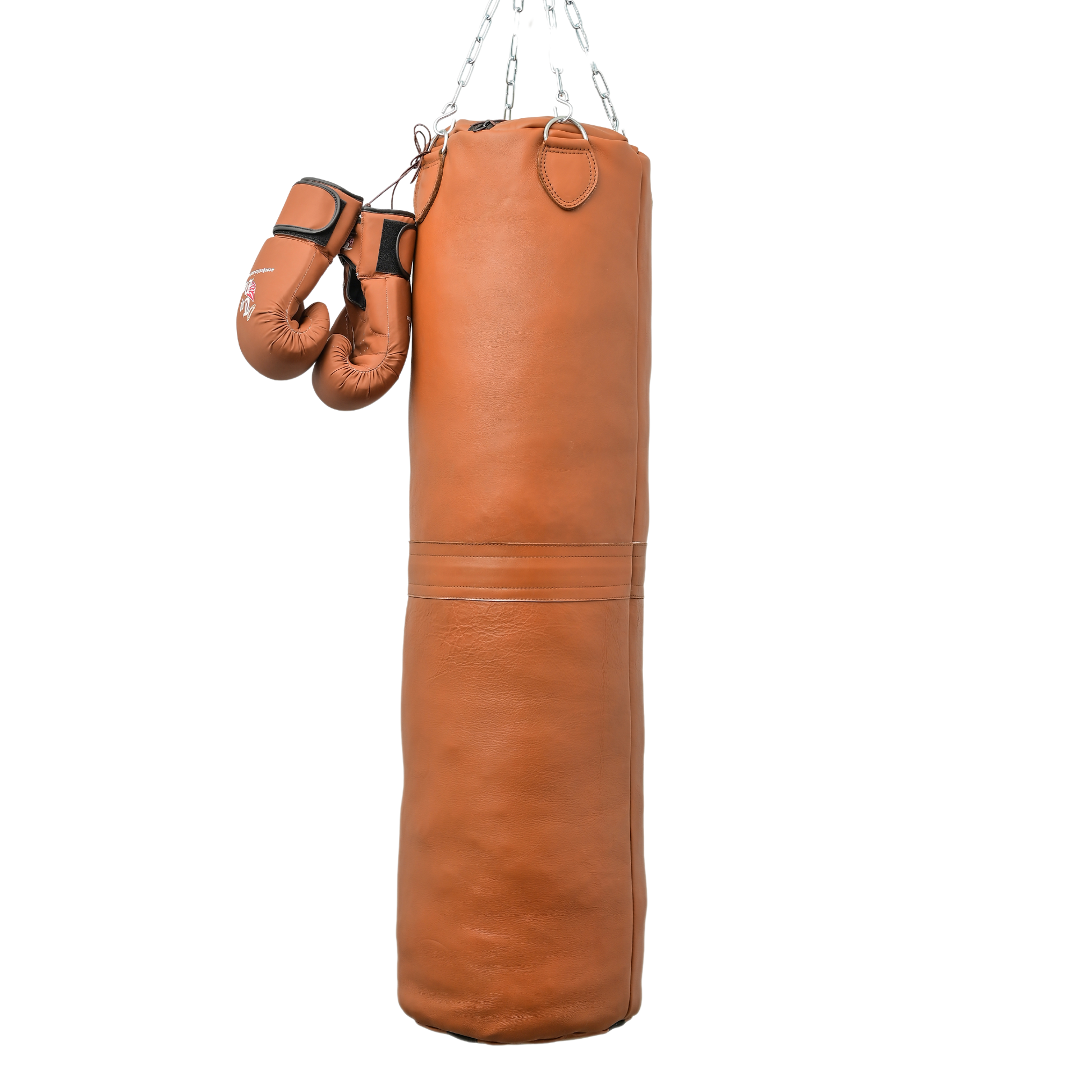 leather punching bag hanging with chains and gloves present on its side. best training bag in the market
