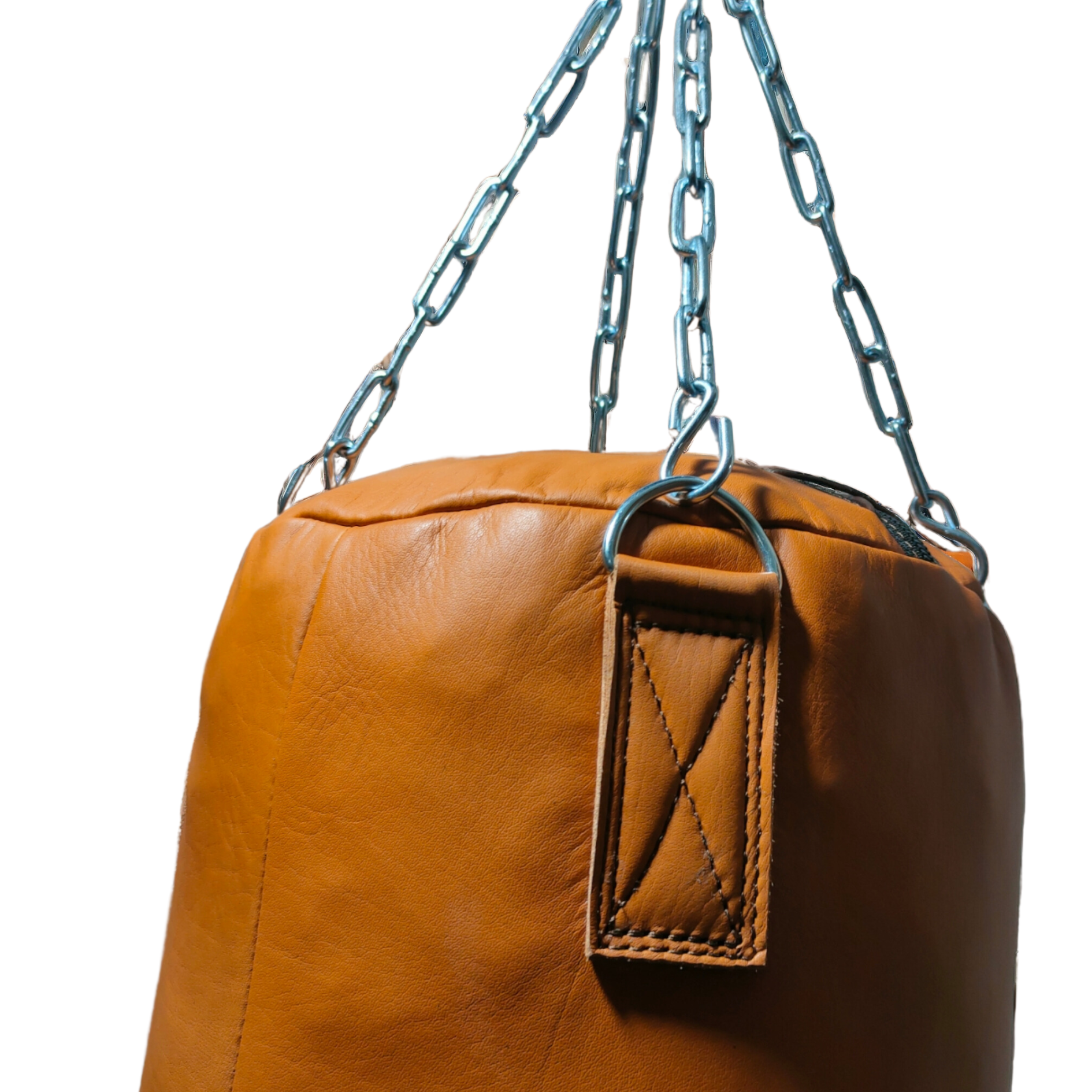 Handmade cowhide leather punching bag with reinforced stitching for durability and stainless steel chain