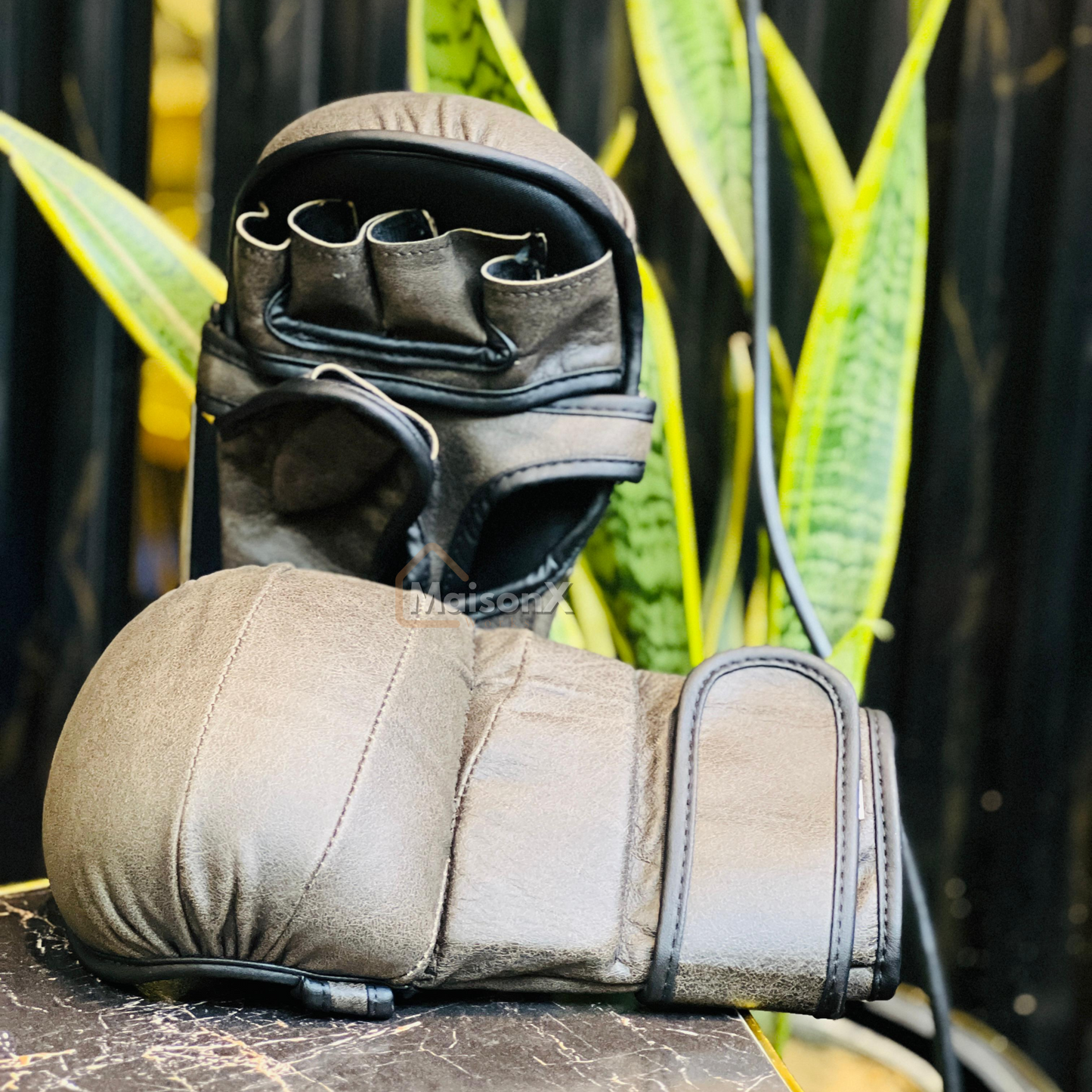 Dark lava leather hybrid gloves - MMA hybrid gloves