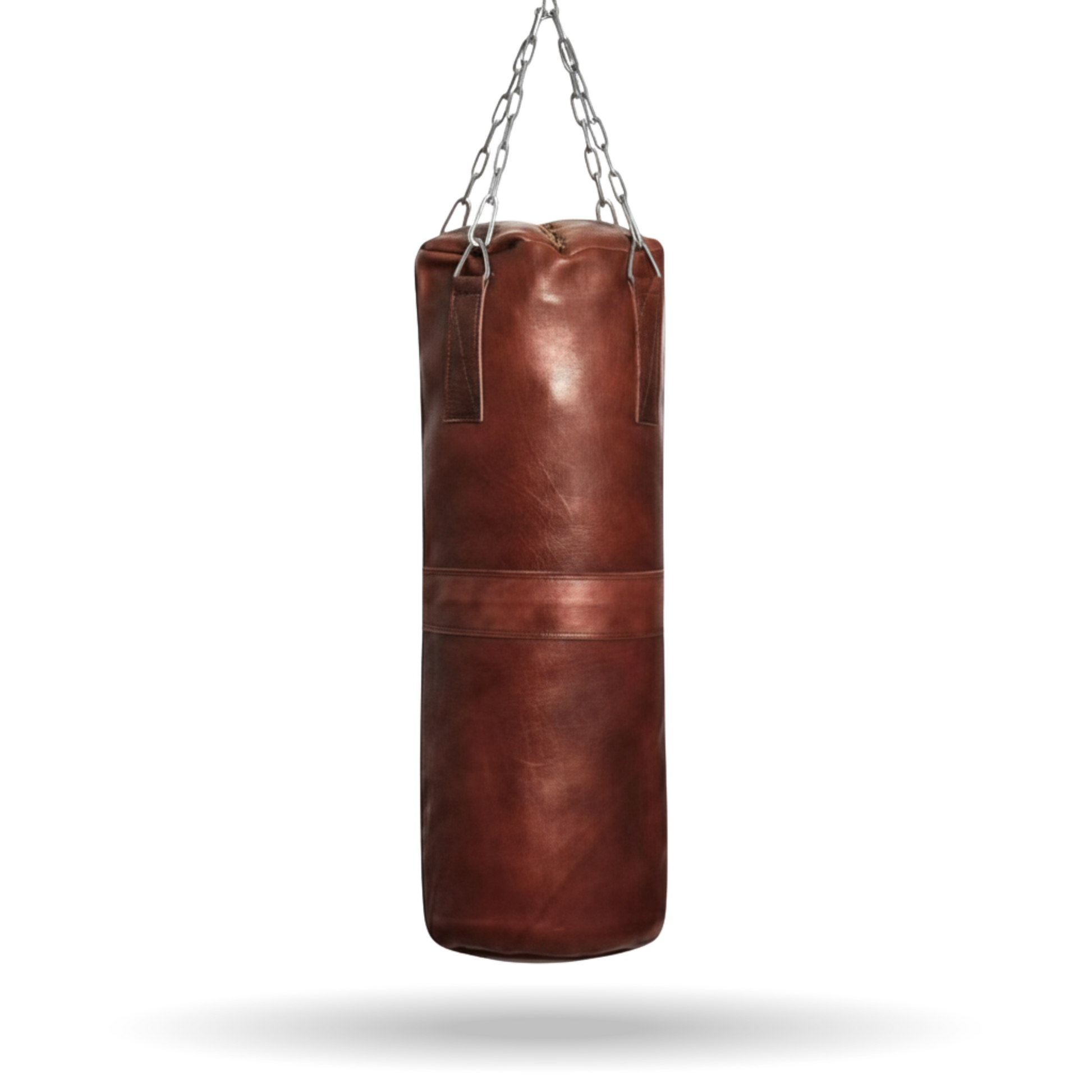 vintage leather punc bag hung with silver staineless steel chain. aesthetic vintage leather punching bag for home gym and decor purpose. with dual tone color. the heavy bag with everlast and rdx like ppunching bag. best punching bag ever. very unique punching bag