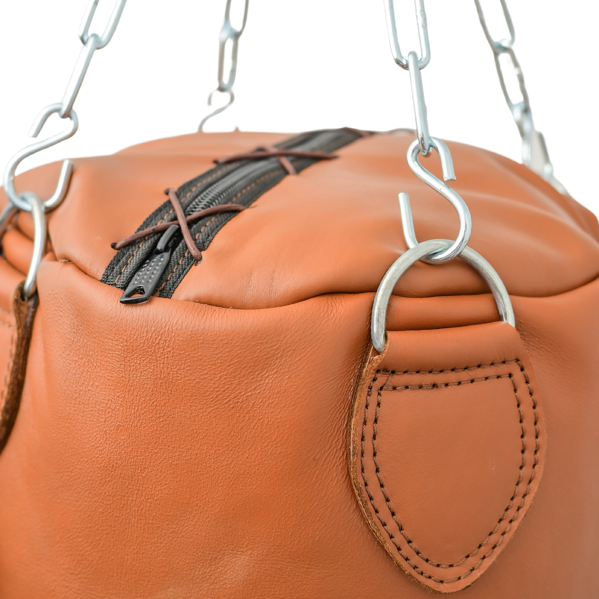 Close up of leather handmade punching bag from top with stainless steel chain