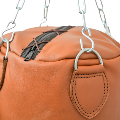 Close up of leather handmade punching bag from top with stainless steel chain