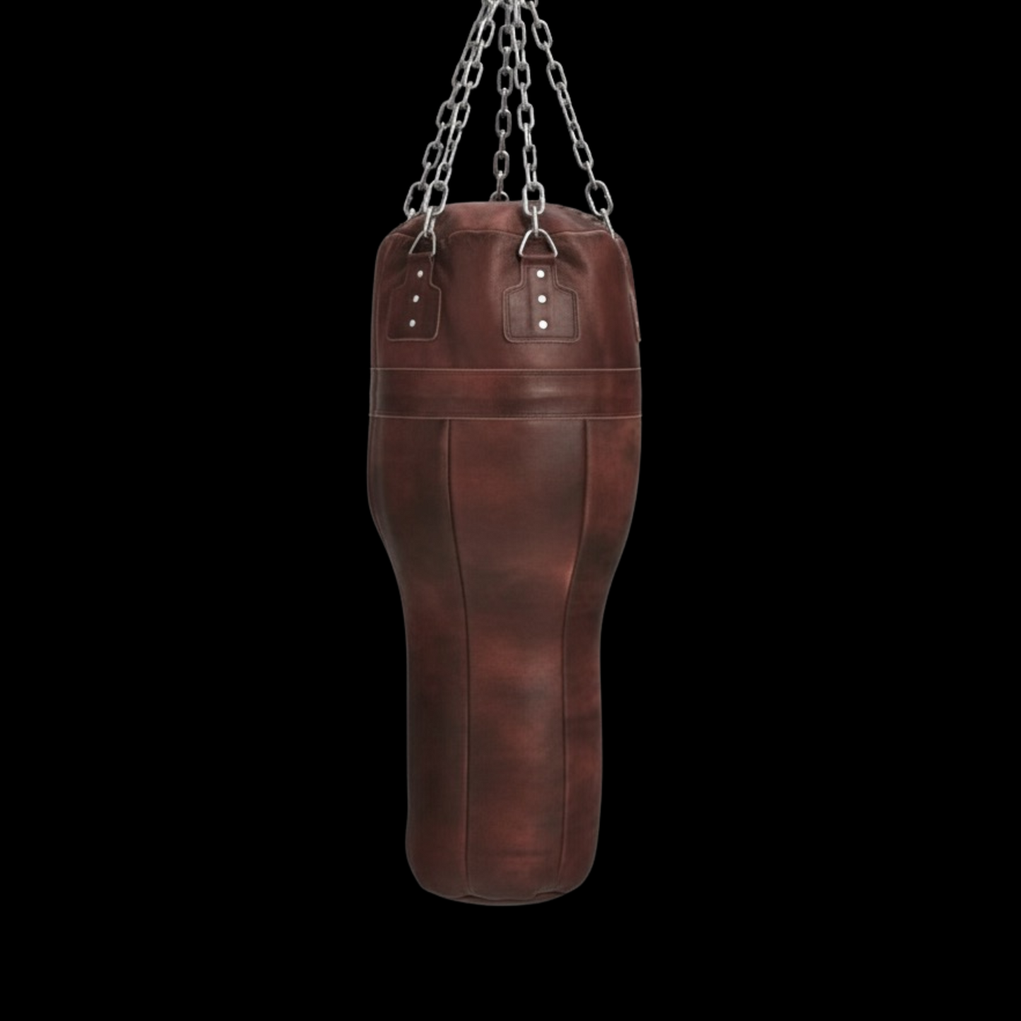 leather uppercut punching bag hung with silver chain agaisnt black background. leather punching bag, heavy bag, boxing bag, kickboxing bag, Muay Thai heavy bag, free standing punching bag, hanging punching bag, speed bag, double end bag, aqua training bag, water heavy bag, uppercut bag, maize bag, wrecking ball bag, reflex bag, cobra bag, training dummy, professional heavy bag, gym punching bag, home gym heavy bag, filled punching bag, unfilled heavy bag, synthetic leather punching bag, durable heavy bag, 1