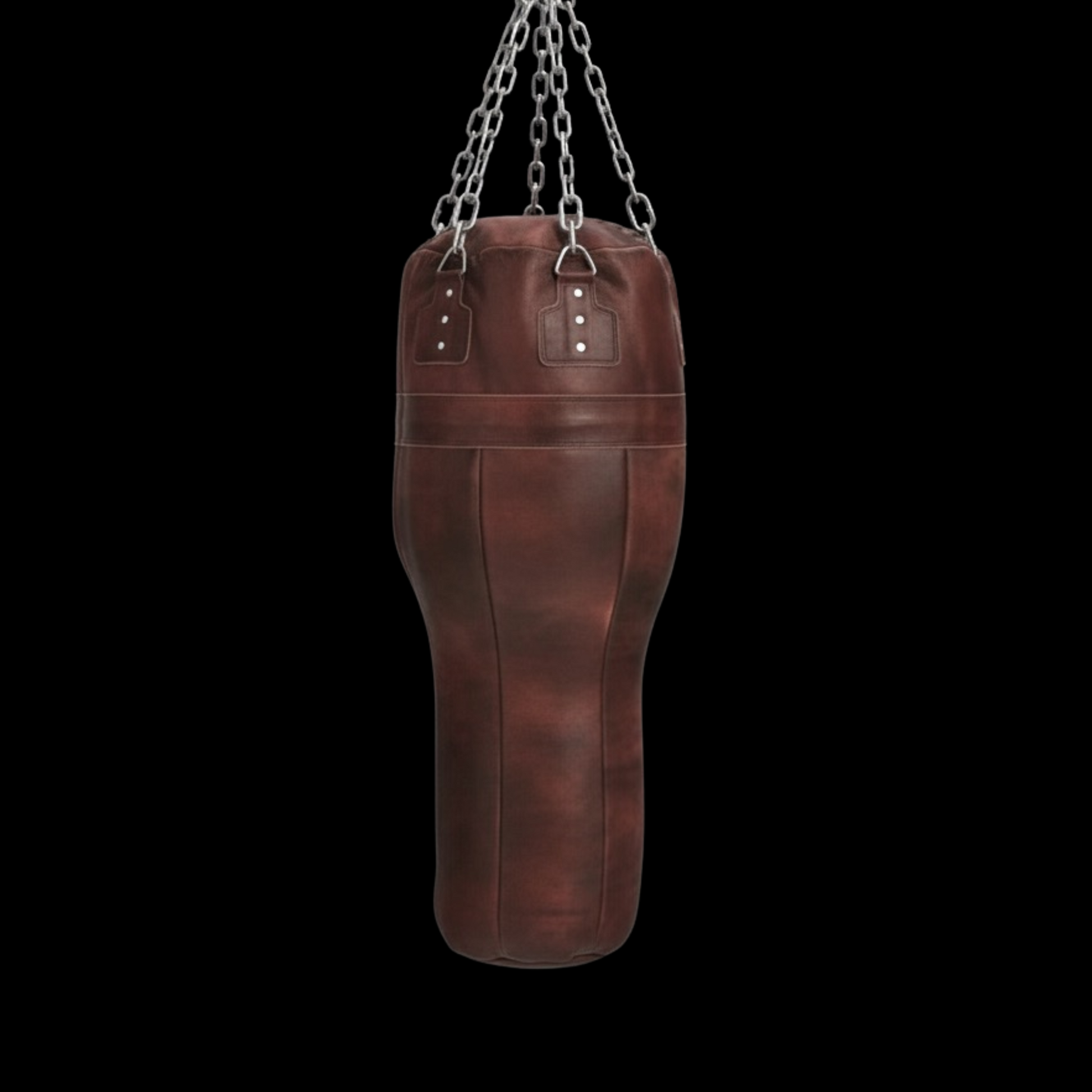 leather uppercut punching bag hung with silver chain agaisnt black background. leather punching bag, heavy bag, boxing bag, kickboxing bag, Muay Thai heavy bag, free standing punching bag, hanging punching bag, speed bag, double end bag, aqua training bag, water heavy bag, uppercut bag, maize bag, wrecking ball bag, reflex bag, cobra bag, training dummy, professional heavy bag, gym punching bag, home gym heavy bag, filled punching bag, unfilled heavy bag, synthetic leather punching bag, durable heavy bag, 1