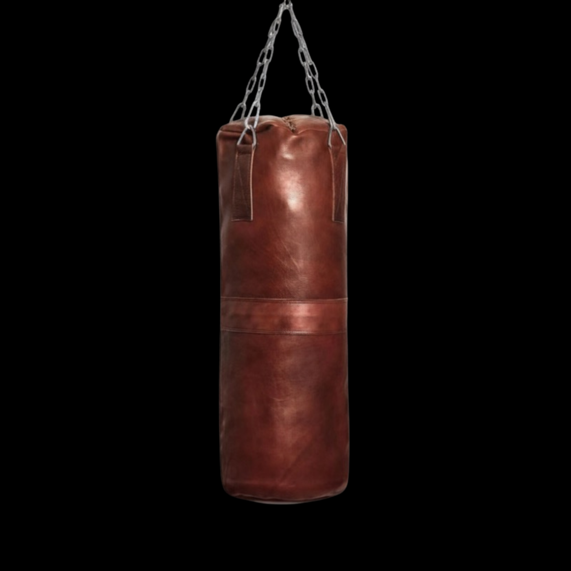 leather heavy bag agaisnt black background. leather punching bag, heavy bag, boxing bag, kickboxing bag, Muay Thai heavy bag, free standing punching bag, hanging punching bag, speed bag, double end bag, aqua training bag, water heavy bag, uppercut bag, maize bag, wrecking ball bag, reflex bag, cobra bag, training dummy, professional heavy bag, gym punching bag, home gym heavy bag, filled punching bag, unfilled heavy bag, synthetic leather punching bag, durable heavy bag, 100lb punching bag, heavy bag stand,