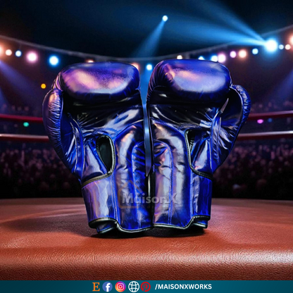 violet leather boxing gloves of high quality laying in the red boxing ring placed in the center of the ring. purple in color and violet in shade